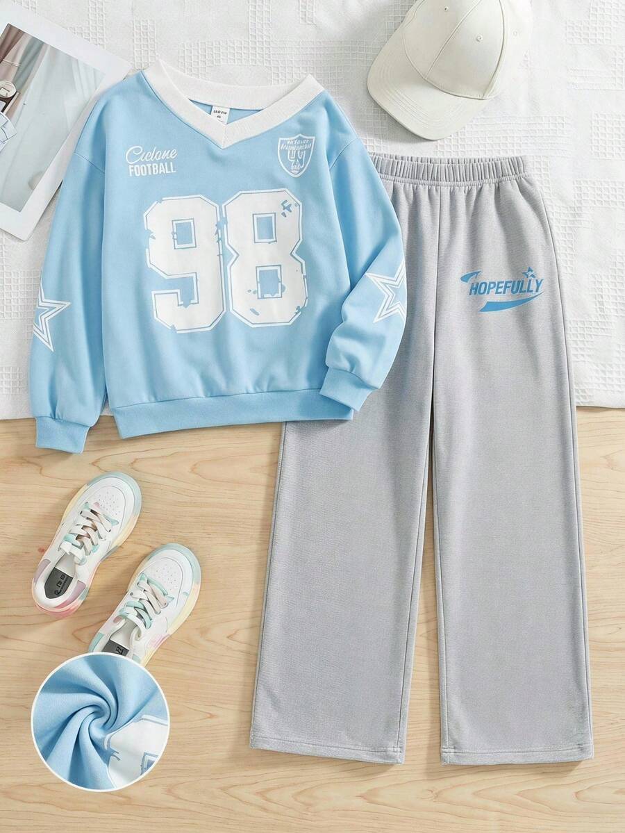 2pcs/Set Girls Casual Fashion Street Style Grey Winter School Back-To-School Numeric & English Letter Star Pattern V-Neck Loose Long Sleeve Top Pants - Multicolor - View 1