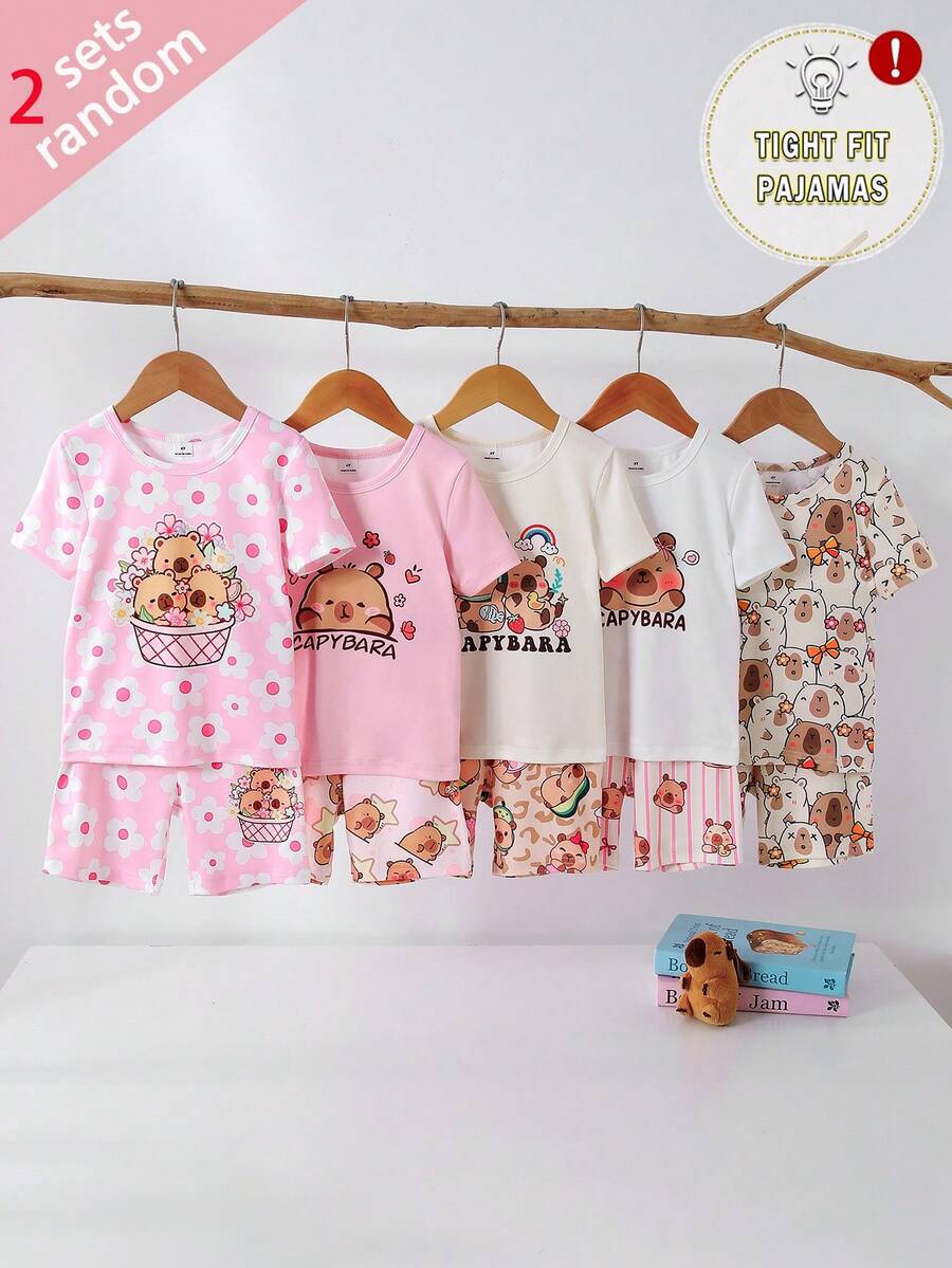 5套女童紧身夏季睡衣套装，随机2套；儿童可爱水豚主题印花短袖短裤家居服；舒适柔软卡通水豚印花女婴睡衣套装；儿童甜美风格睡衣 - 彩色 - 查看 1