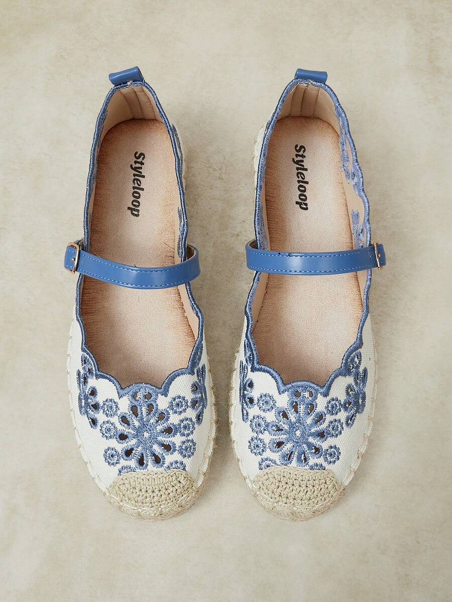 Styleloop Fashion Blue Embroidery Hollow Building Color Hemp Rope Bottom Women's Flat Sole Shoes Comfortable And Breathable Commuting Suitable For Outdoor Vacat - Blue - View 1
