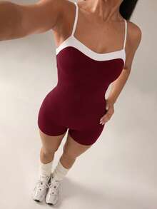 SHEIN BAE Pakaian Olahraga Wanita Serbaguna, Model Romper dengan Tali Bahu Tipis dan Blok Warna - Burgundy - View 2