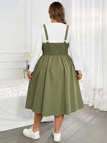 SHEIN CURVE+ Plus Size Women's Solid Color Simple Casual Daily Vacation Dinner Business Pocketed Sling Dress,Summer Dresses Teachers' Day All White Olive Green - Green - View 6