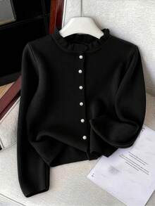 GlowEve CURVE Plus Size Elegant Ruffle Trim Button Long Sleeve Cardigan - Black - View 1