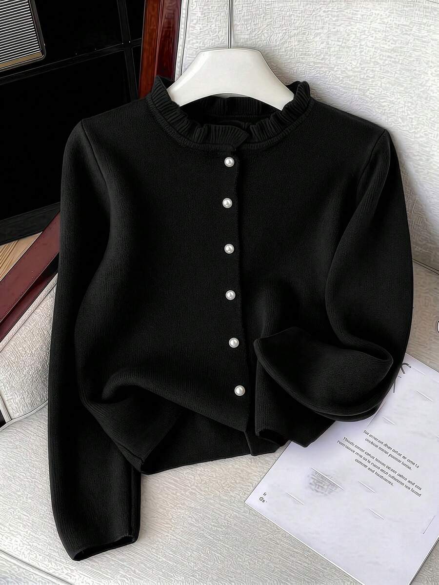 GlowEve CURVE Plus Size Elegant Ruffle Trim Button Long Sleeve Cardigan - Black - View 1