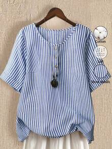 SHEIN LUNE 大码女式条纹亚麻圆领 3/4 袖正面纽扣休闲度假衬衫 - 藍白色 - 查看 1
