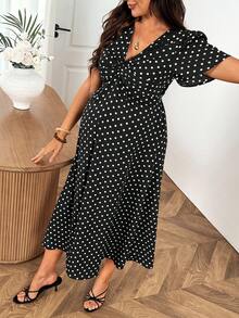 SHEIN 孕婦波點V領短袖優雅洋裝 - 黑色 - 查看 6