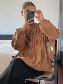 DAZY 女款素色寬鬆抓皺繫帶領長袖優雅度假風春秋上衣 - 棕色 - 查看 5