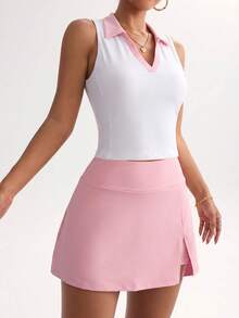 SHEIN Sports Women's Golf Outfit Set: Casual Color-Block Athletic Polo-Collar Tank Top And Mini Skort (Summer) - Pink - View 4