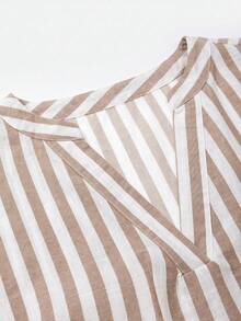 EMERY ROSE Blus Kasual Wanita Bergaris Tenun untuk Musim Gugur - Khaki - View 4