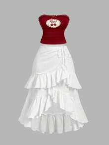 SHEIN MOD Plus Size Women Textured Fabric Layered Ruffle Drawstring Asymmetrical High-Low Skirt Summer Boho Bohemian Vacation Brunch White - White - View 8