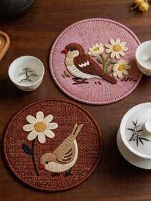 Haus Hana 4PCS/8PCS Anti-Scald Round Dining Pad, Wear-Resistant Imitation Woven Printed Fabric, Vintage Floral Bird Pattern Anti-Slip Isolation Coaster For Indoor Tea Table Kitchen Layout, Gift For Home Aesthetic Arrangement Enthusiasts Festival Gift - Multicolor - View 6