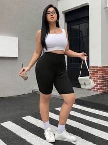 SHEIN EZwear 2件組大尺碼酷感面料系列黑色高腰緊身短褲，春夏服飾 - 黑與白 - 查看 4