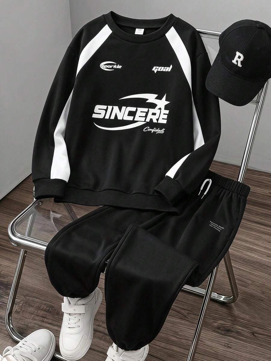 SHEIN 2件組青少年男孩時尚白色運動衫與深綠色長褲套裝,胸前綠色圖案印花,時尚街頭風,柔軟舒適面料,易穿搭,適合春秋季、學校、外出,男孩必備兩件套 - 黑色 - 查看 1