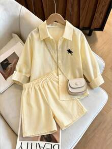 SHEIN Young Girls Shirt Set, Light Yellow Fine Striped Woven Set, Collared Shirt With Small Horse Pattern Detail On Chest, Hollow Back With Large Bow, Elastic Waist Shorts Matching Set, Smooth And Skin-Friendly Fabric, Gentle And Fresh, Simple And Exquisite For Daily Wear - Pink - View 6