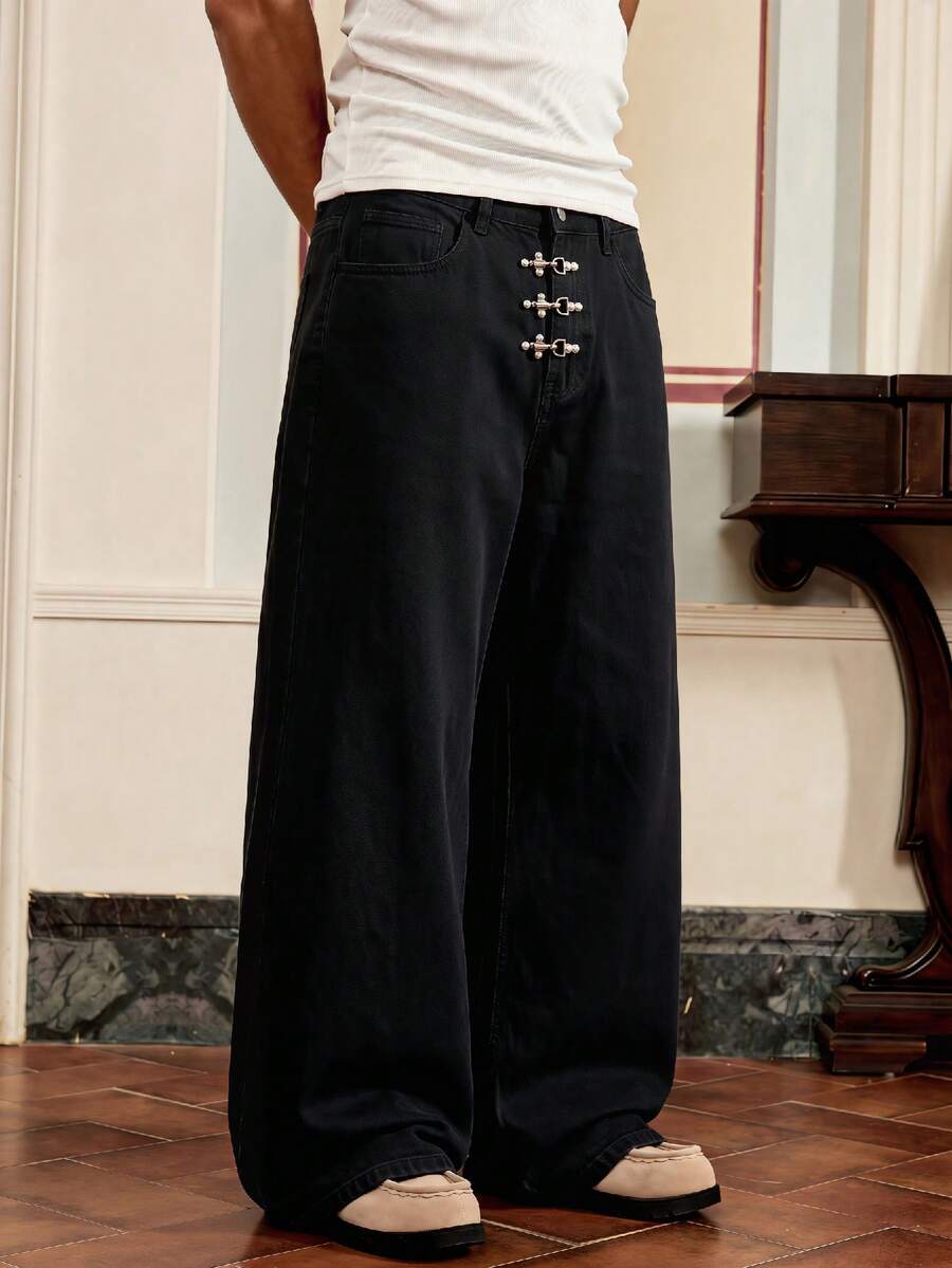 SWAVVY Pantalones anchos de hombre lavados en negro con diseño de hebilla con avión - Negro - Ver 1