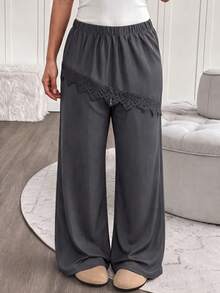 Modelyn Autumn/Winter Elegant Casual Cinched Waist Loose Fit Versatile 2 In 1 Patchwork Drape Lace Plus Size Women's Long Pants - Dark Grey - View 3