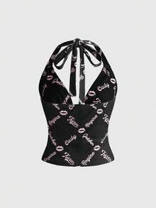 Mean Girls | ROMWE Letter & Lip Print Black & Pink Women's Halter Tank Top - Multicolor - View 2