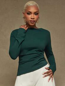 Vixey Sculpting Jersey Boat Neck Ruched Long Sleeve Top, Autumn, Formal Wear, Work Office, Desk To Dinner, Day To Night, Modern Workwear Elegant Dark Green - Dark Green - View 3