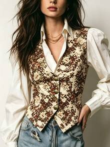 SHEIN White Background Vintage Large Floral Print Fabric Deep V-Neck Sleeveless Vest With Three Round Antique Bronze Single-Breasted Buttons, Cinched Waist, Asymmetrical Pointed Hem, Short Layering Tank Top - Multicolor - View 6