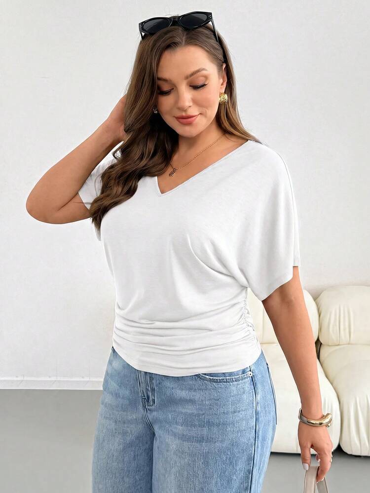 Shapeblank تي شيرت صيفي كاجوال متعدد الاستخدامات بلون موحد وأكمام خفاشية مقاس كبير - أبيض - مشاهدة 4
