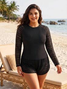 SHEIN Swim 大尺碼女款 2 件式純色長袖收腹坦基尼泳衣，黑色夏季保守街頭風，適合海灘度假派對 - 黑色 - 查看 5