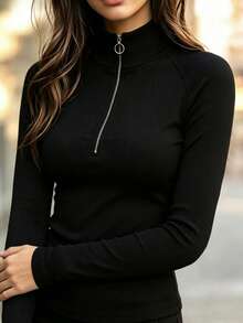 SHEIN Pure Black Textured Vertical Stripe Stand Collar Half-Zip Metal Ring Zipper Long Sleeve T-Shirt, Raglan Split Cut Slim Fit Cinched Waist Cropped Silhouette, Body-Flattering Daily Commute Base Layer - Black - View 6