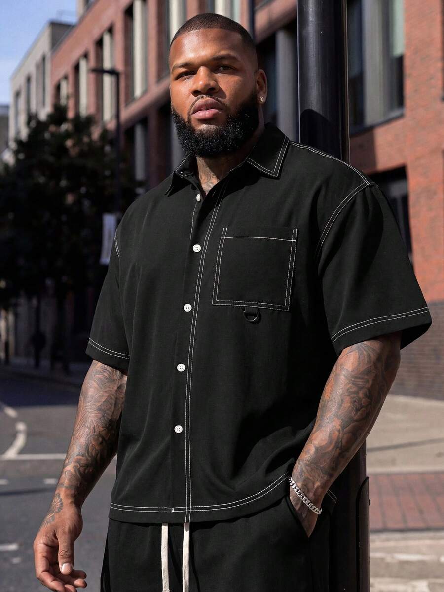Athstrex Plus Size Men's Fashionable Short Sleeve Shirt, Spring/Summer, Vacation, Father's Day Gifts - Black - View 1