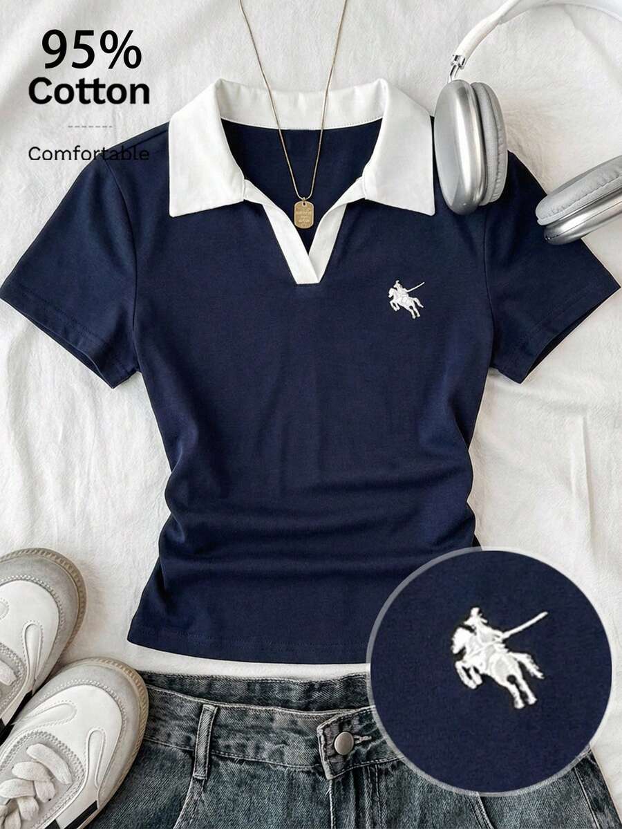 Attitoon Plus Size Women's Equestrian Embroidered Contrast Collar Short Sleeve Casual T-Shirt - Navy Blue - View 1