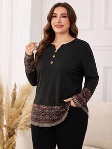 Lacomfia Autumn/Winter Elegant Casual Print Patchwork V-Neck Button Loose Fit Plus Size Women's T-Shirt - Multicolor - View 3