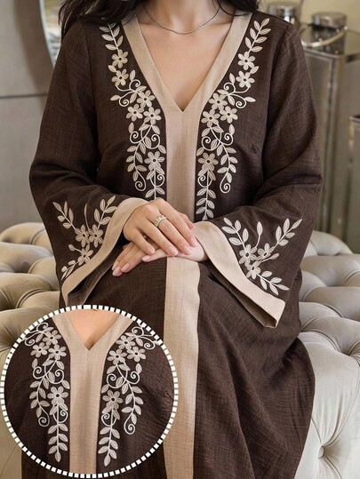 Al Najma Plus Size Women's V-Neck Floral Embroidery Pattern Casual Party Arabic Dress