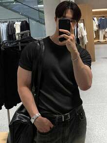 DAZY 男士短袖高彈性羅紋布修身白色T恤 - 黑色 - 查看 4