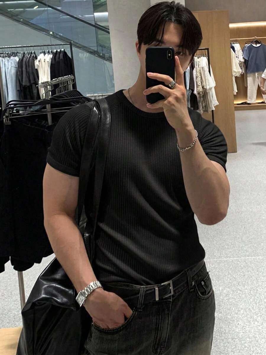DAZY Short Sleeve High Elastic Ribbed Fabric Slim Fit White Men's T-Shirt - Black - View 1