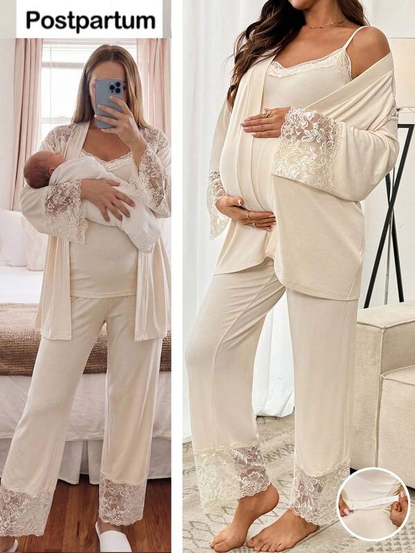 Slowluna 3pcs Maternity Set: Solid Color Lace Patchwork Jacket, Camisole, And Pants Fall
