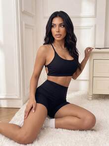 SHEIN Ciela Rowan 女款純色交叉露背短版戶外細肩帶背心上衣 - 黑色 - 查看 7