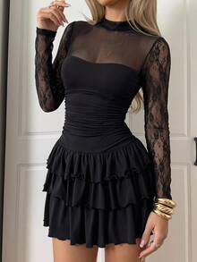 SHEIN EZwear Women's Romantic Elegant Goth Sexy Lace Ruffle Multi-Layer Hemline Dress Club Night Party Black Floral Autumn Halloween - Black - View 10