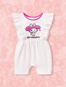 HELLO KITTY AND FRIENDS | SHEIN Baby Girl Cartoon And Letter Graphic Ruffle Trim Romper - White - View 1