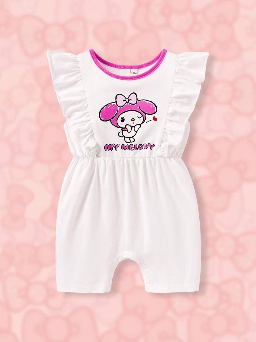 HELLO KITTY AND FRIENDS | SHEIN Baby Girl Cartoon And Letter Graphic Ruffle Trim Romper - White - View 1