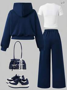SHEIN 青少年女孩外套服裝套裝 返校季 秋冬 Y2K 冬季衣著 - 藏蓝色 - 查看 2