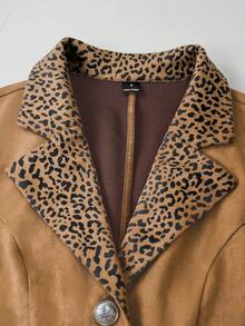 Yalmera Women's Woven Casual Contrast Leopard Jacket - Coffee Brown - View 5