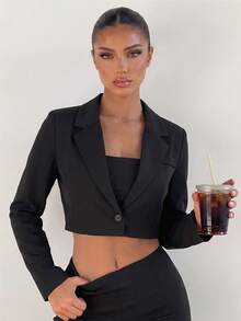 Sirith Blazer Tipis Pendek Wanita Warna Polos dengan Kerah Berkerah dan Satu Kancing - Hitam - View 6