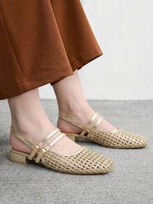 CUCCOO BIZCHIC 女款仿草編織方頭粗低跟鞋 - 金色 - 查看 6