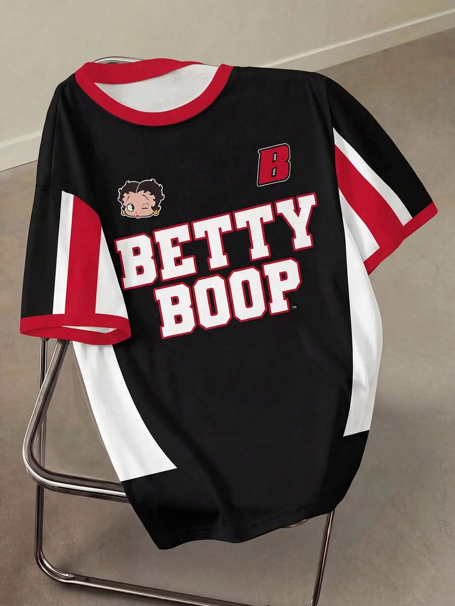 Betty Boop x SHEIN 大码女式夏季休闲时尚街头运动字母卡通印花撞色宽松T恤 - 白色 - 查看 1