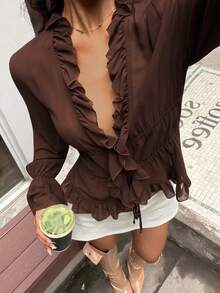 Aloruh Women's Solid Color Deep V-Neck Ruffle Trim Casual Versatile Daily Wear Blouse - Brown - View 1