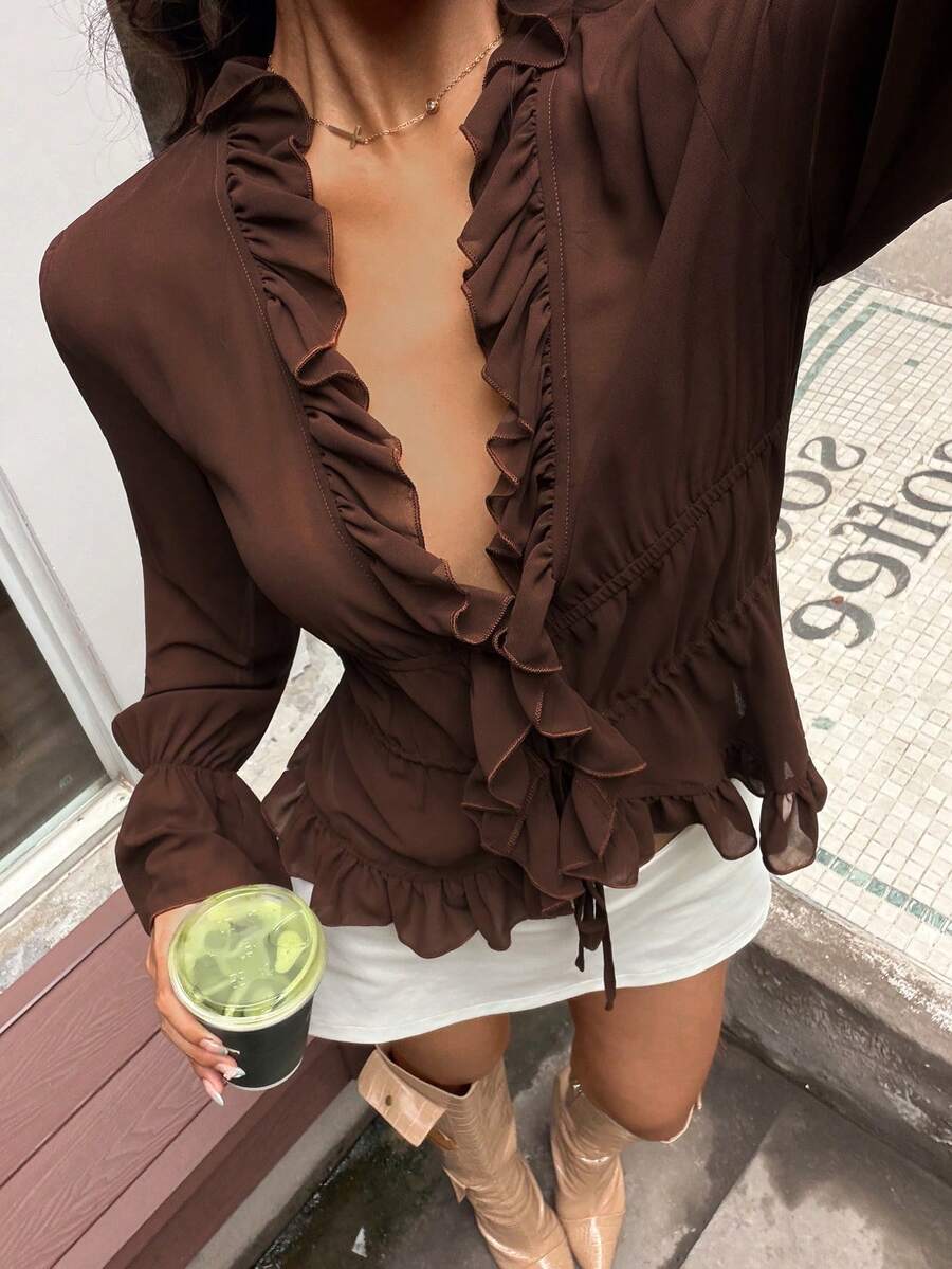 Aloruh Women's Solid Color Deep V-Neck Ruffle Trim Casual Versatile Daily Wear Blouse - Brown - View 1
