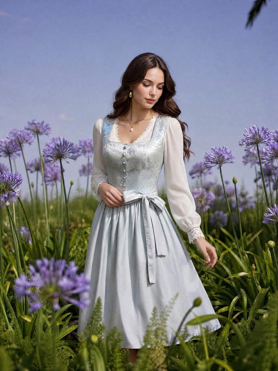 Fairmaia German Traditional Women's Lace Patchwork Waist Tie Casual Party Dress Charming Light Blue Dirndl Dress With Long Sleeves And Waist Tie For Women - Blue - View 1