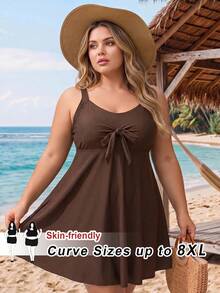 SHEIN CURVE+ Set Bikini Tank Top 2 Potong Motif Polkadot Seksi Terbaru Musim Panas 2026 untuk Pantai, Menutupi Perut, Cocok untuk Liburan Pantai - Coffee Brown - View 3