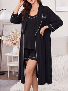 Moonlight&Mama Setelan Pakaian Santai Wanita Kasual 3 Potong: Celana Pendek Camisole Bordir Huruf + Jubah - Hitam - View 3