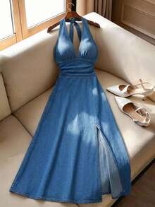 SHEIN MOD Plus Size Women's Ruched Halter Neck Denim Dress With Slit Hem - Blue - View 1