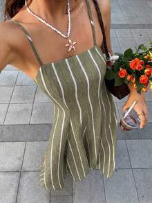 SHEIN Frenchy 女款夏季休閒條紋細肩帶洋裝 - 薄荷綠 - 查看 4