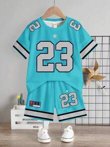 SHEIN 男嬰休閒極簡數字印花T恤短褲套裝，適合夏季 - 彩色 - 查看 2