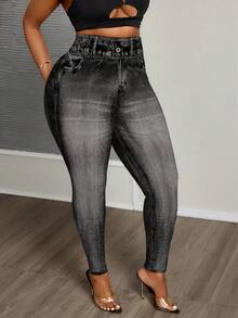 SHEIN CURVE+ Plus Size Denim Effect Leggings Music Festivals Office Business Black Ripped, Fall Winter 2026 22W - Multicolor - View 7